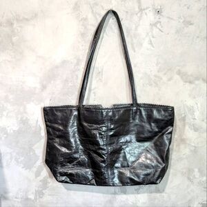 LATICO Carmen Black Leather Zip Top Tote Shoulder Bag Floral Lining 15"x9.5"